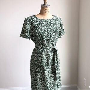 Vintage 1980s Sag Harbor Green Peacock Leaf Pattern Dress